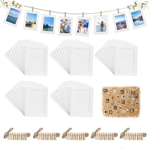 Image of Hexizexi 50 Pcs 2x3 Inch Paper Photo Frames White Hanging Cardboard Photo Frames with 50 Wooden Clips and 5 Hemp Ropes for Home Office Birthday Wedding Wall Decor