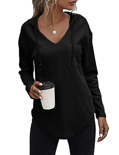 Image of Cuptacc Womens Long Sleeve Tops Uk Breathable Basic Autumn Sweatshirt Waffle V Neck With Drawstring Hoodie For Women With Pocket Black XS