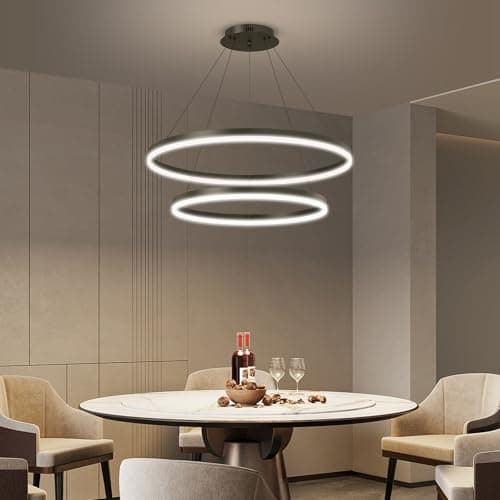 Image of SHINELUX Dimmable LED Modern Chandelier, 2 Ring Adjustable Hanging Foyer Pendant Light for Kitchen Island, Living Room, Black Ceiling Light Fixture Over Breakfast Bar Table Lighting, 3000K-6500K