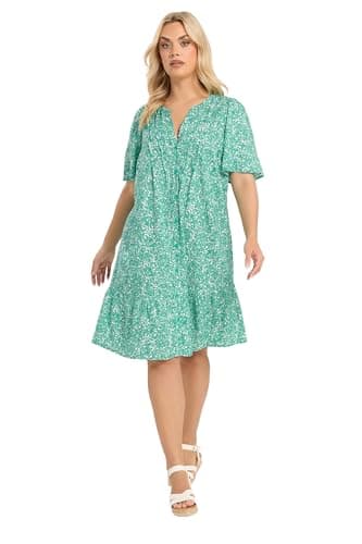Image of Yours Curve Green Ditsy Floral Smock Dress - Women's - Plus Size Curve