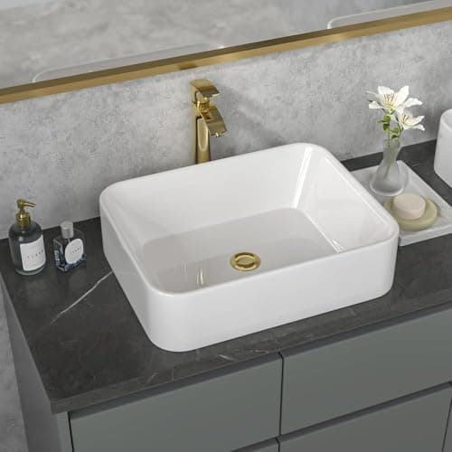 Image of Sarlai Bathroom Basin Sink, Ceramic Countertop Basin, Modern Small Above Counter Wash Basin, Rectangular Classic Gloss White Cloakroom Basin for Bathroom Lavatory, Vanity Unit 48.5X 38 x 13 cm