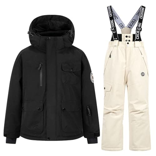 Image of AMhomely Kids 2 Piece Ski Suit-Boys Girls Waterproof Puffer Jacket and Snow Bib Pants Set,Snowproof Snow Outfit with Pocket,Windproof Warm Overalls,Outdoor Holiday B Beige 7-8 Years