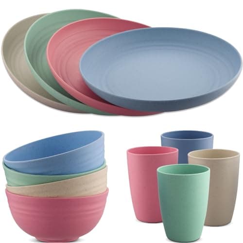 Image of HOMGEN Plastic Dinner Set 12Pcs Unbreakable Light-Weight Kids Dinning Set Picnic Plates and Cups Set Dishwasher Safe Camping Plates and Bowls Set Camping Crockery Set for Home & Picnic etc