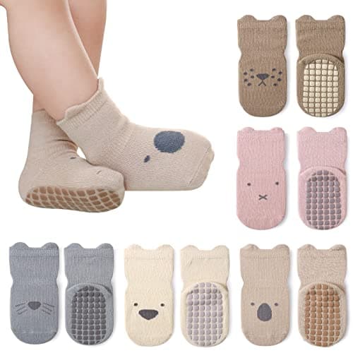 Image of Auranso Baby Socks 5 Pairs Boys Non Slip Grip Socks Kids Girls Cotton Cartoon Animal Toddler Sock with Grips 6-12/12-18 Months, UK Size 1-9.5
