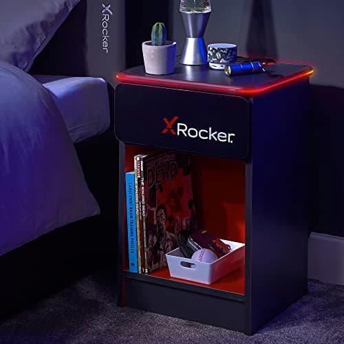 Image of X-Rocker Carbon-Tek 36cm Width, RGB LED Bedside Table & Drawer - Neo Fibre Lighting, Wireless Charging, Storage Shelf, Durable Wooden Frame for Kids & Teens - Grey & Red