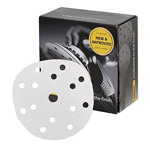 Image of Mirka Basecut White Hook and Loop Hook It 150mm 6 Inch Sanding Discs - Box 100 Abrasive P120 Grit Automotive Refinishing Sandpaper Sanding Discs 15 Hole Vacuum Dust Extraction System