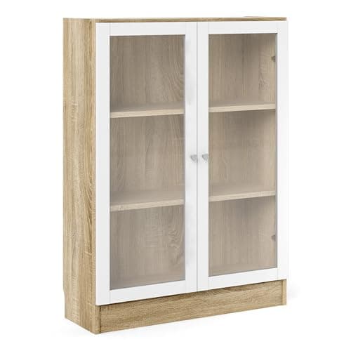 Image of Furniture To Go Basic Low Wide Display Cabinet in Oak (2 Shelves) with 2 Glass Doors in White