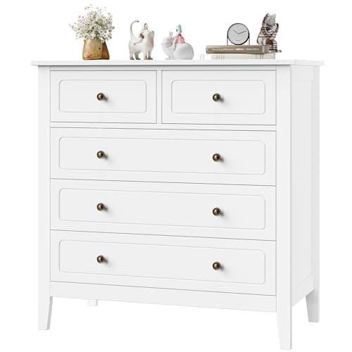 Image of FOREHILL Bedroom Chest of Drawers White Sideboard 5 Drawers Storage Cabinet Cupboard Unit Bedroom Furniture 40x80x80cm