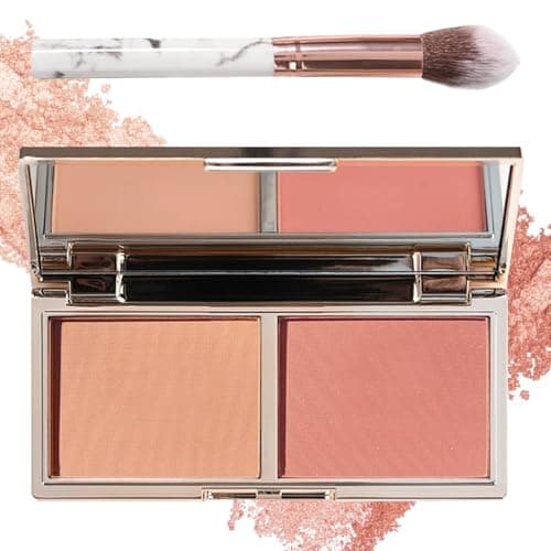 Image of 2-in-1 Blush Palette with Mirror and Brush – Long-Lasting Matte & Shimmer Powder Blush Duo for Natural Radiance, Smooth Blendable Formula for All Skin Tones