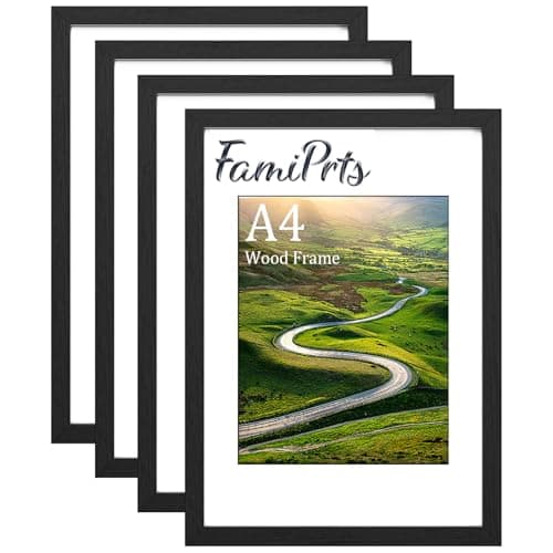 Image of FamiPrts 4Pack A4 Frame, Wooden A4 Picture Frames, Versatile Black A4 Frame, Dual Orientation (Landscape/Portrait), Includes Stand & Wall Hooks - Wall Mount or Tabletop for Home, Office, Gallery