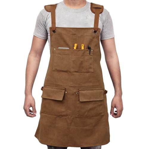 Image of YUNYOUC Woodworking Apron with 5 Tool Pocket, Heavy Duty Waterproof Oxford Cloth Workshop Tool Aprons, Adjustable Cross Strap Men Housework Apron for M-XXL Men Women Painting (Camel)