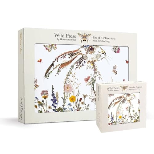 Image of Museums & Galleries Cork Backed Placemats and Coasters Set of 4 - Wild Press Wildflower Hare Design by Helen Ahpornsiri - Statement Table Mats for the Home