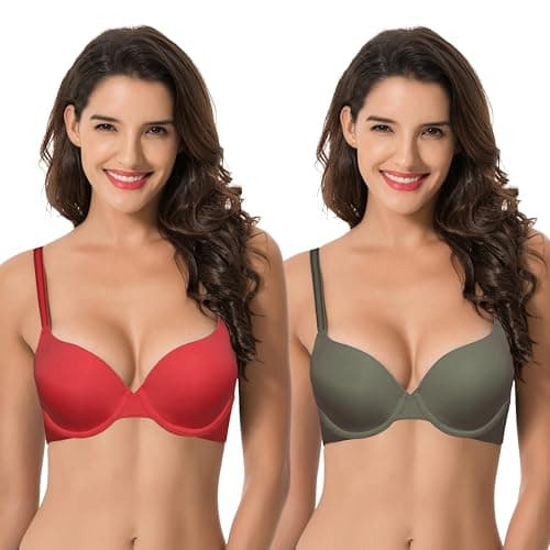 Image of Curve Muse Women's Light Lift Add 1 Cup Push Up Underwire Convertible Tshirt Bra-2PK-Red,Green-32DDD (EU:70F)