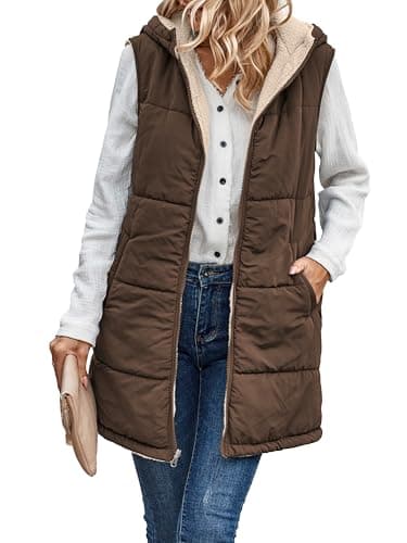 Image of Famulily Long Gilet for Women UK Teddy Sleeveless Hooded Coat Quilted Thick Body Warmer Zip Up Reversible Vest Coffee S
