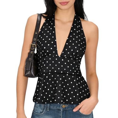 Image of LEHEEYWT Polka Dot Top, Black Summer Backless Low Cut Halter Neck Top for Women, Y2K Sexy V-Neck Going Out Tops for Party Concert (UK, Alpha, XL, Regular, Regular)