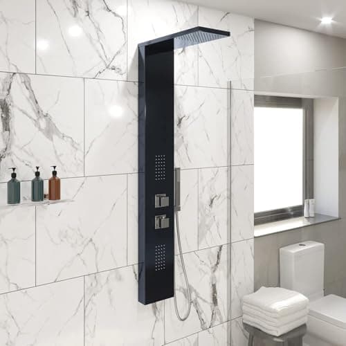 Image of Architeckt® Thermostatic Shower Tower Column Panel, Three Function 3-in1 System with Rainfall Head Handset 2 Body Jets Square Showers, Mirrored Black