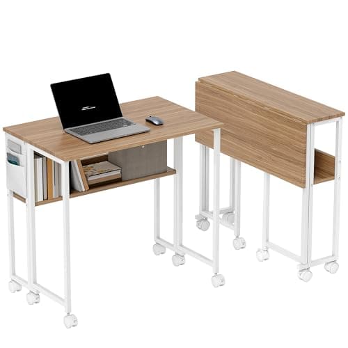Image of HOMCOM Folding Desk with Storage Shelf and Bag, 80 cm Foldable Computer Desk for Small Spaces, Space Saving Writing Table on Wheels for Home Office, Bedroom, Easy Assembly, Natural Wood Finish