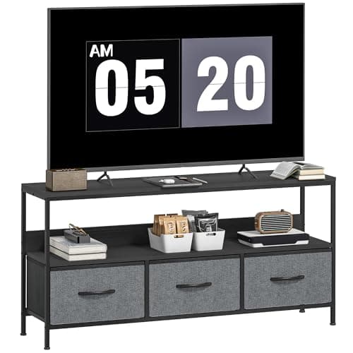 Image of HOMCOM TV Stand Cabinet up to 55-inch, TV Unit with 3 Foldable Linen Drawers, Open Shelf for Living Room, Bedroom, Entertainment Room, Black