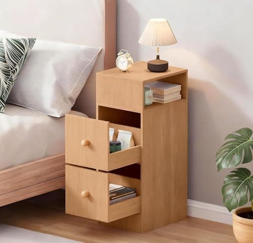 Image of Menaka Slim Bedside Table Wood Drawers Cabinet Nightstand, Small Side Table Narrow Sofa Bed Side Table with Drawer and Shelves for Bedroom Living Room (Oak#1)