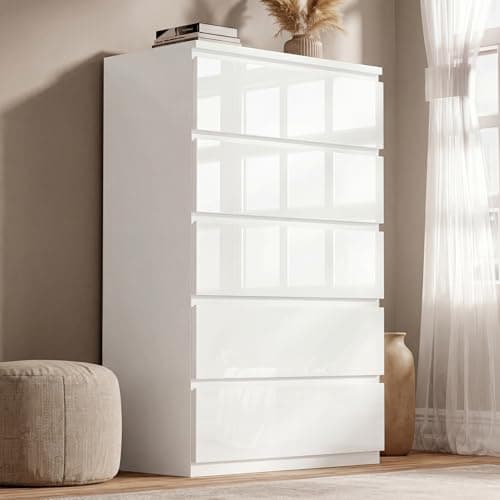Image of Blisswood High Gloss White Chest of Drawers, 5 Drawer Bedroom Chest of Drawers, Chest of Draws Tall Dresser Bedside Table Storage Cabinet for Bedroom Living Room Office Hallway Furniture