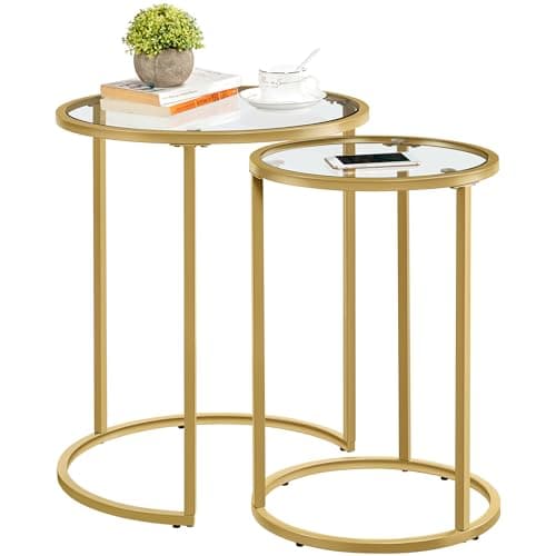 Image of Yaheetech Round Nesting Coffee Tables Set of 2, Glass Top Side Table End Tables with Metal Frame for Living Room Bedroom Office, Gold