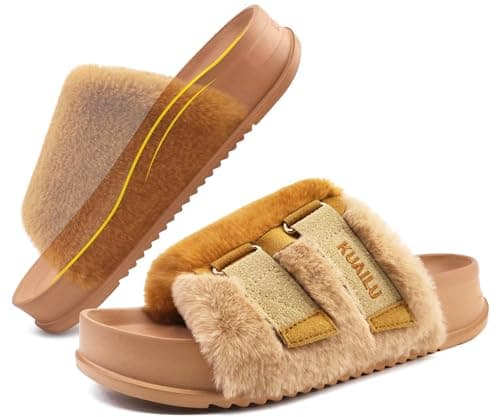 Image of KuaiLu Womens Platform Slipper with Arch Support Soft Cushion Faux Fur Sandals Open Toe House Slipper Fluff Slides Indoor Outdoor,Khaki Size 6