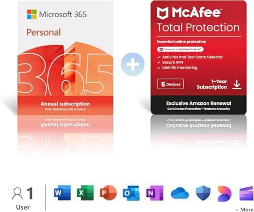 Image of Microsoft 365 Personal | 1 Person | 1TB Cloud Storage | AI Office Apps | Renews for £84.99 + McAfee Total Protection | 5 Devices | Renews for £95.99 | Annual auto-renewing Amazon subscription