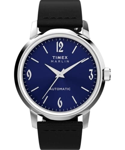 Image of Timex Men's Marlin Automatic 40 mm Watch - Black Leather Strap with Blue Dial and Stainless Steel Case TW2W93100