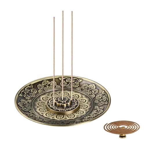 Image of YILANJIN Lotus Incense Holder, 5-Hole Bronze Burners Plate Flower Round Incense Sticks Holder Bowl, Decoration, Meditation, Yoga Accessories