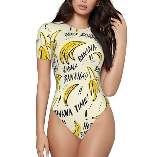 Image of QAZWZML Yellow Banana (1) Printed S short sleeved jumpsuit, women's bodysuit, can be worn alone or as an inner layer.