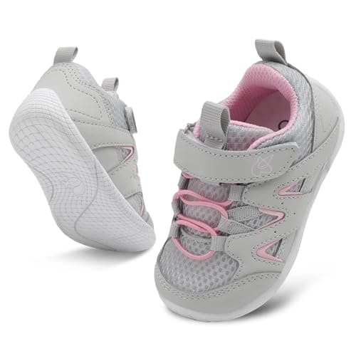 Image of JIASUQI Baby First Walking Shoes Toddler Boys Girls Casual Sneakers Baby Breathable Sneaker Non-Slip Lightweight Infant Shoes(GreyPink 153,Size 6.5-7)