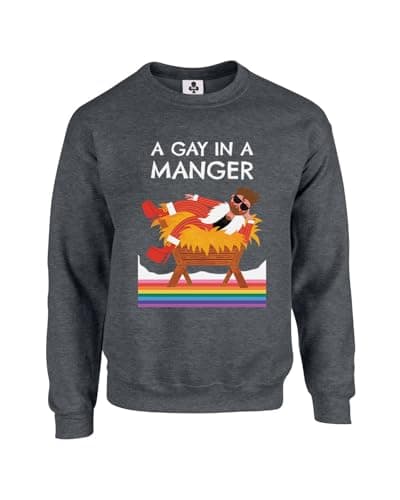 Image of Taylor Brown Gay in a manger, meme novelty iconic rude humerous offensive fun christmas xmas Unisex Funny Adults Sweatshirt Jumper Dark Heather