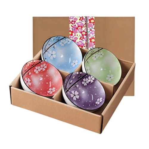 Image of NBBENG Porcelain Dessert Cereal Bowl Set of 4, Japanese Style Ceramic Dipping Bowls, Rice Dessert Bowl with Gift Box, Colorful Small Bowls for Ice Cream, Condiment Microwave and Dishwasher Safe 10 Oz