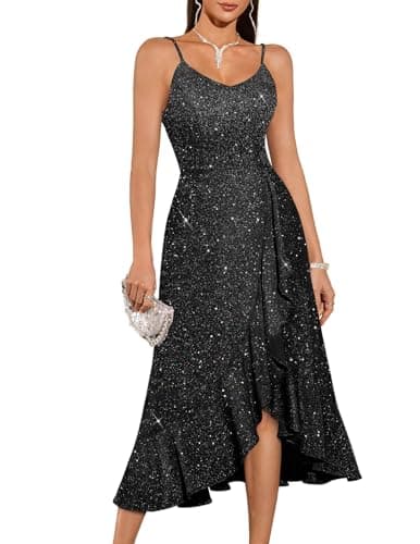 Image of DRESSTELLS Sequin Formal Wedding Guest Dress for Women, Sparkly Cocktail Prom Party Evening Club Gala Gowns High Low Dresses Glitter Black M