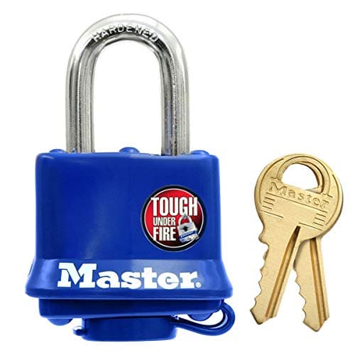 Image of Master Lock 312EURD Laminated Padlock with Key and Thermoplastic Cover, Blue, 7,3 x 4 x 2,5 cm