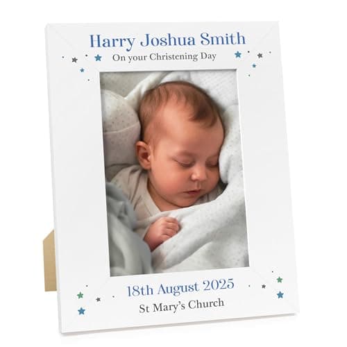 Image of Beecreative Personalised Boys Christening Photo Frame - Blue Star Wooden 6x4 7x5 Photo Frame - Christening Gift For Godson
