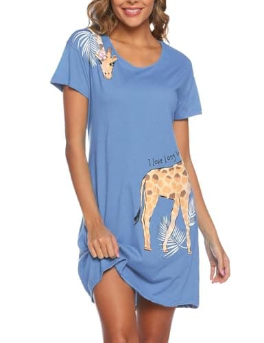 Image of ENJOYNIGHT Womens Nighties Short Sleeve Nightshirt Soft Nightdress for Ladies Summer Loungewear Casual Nightwear (Medium,Dark Blue-giraffe)
