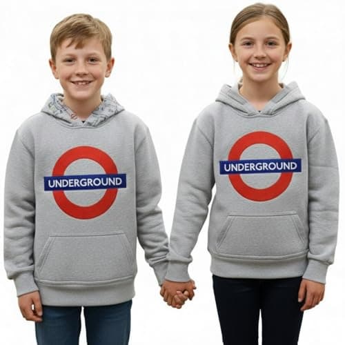 Image of GWCC London Underground Kids Hoodie – Official Licensed TFL Grey Sweatshirt with Chain Stitch Embroidery & Tube Map Hood | Unisex pullover hoodie 1 to 13 years (UK, Age, 3 Years, 4 Years)