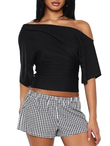 Image of Anuedgis Women's Off Shoulder Top Sexy Short Sleeve Slim Fit Cropped Casual Chic T-Shirt Y2K Summer Going Out Tops (A-Black, S)