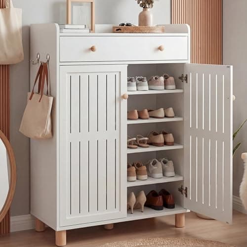 Image of Blisswood Shoe Cabinet with Drawer & 2 Doors, Wooden Shoe Storage Cabinet Cupboard, 5 Tier Shoe Rack with Adjustable Shelves for Hallway Entryway Living Room Furniture (White, 75Wx36Dx115H cm)