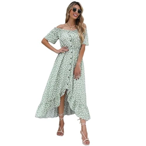Image of HYMART Dresses Maxi Dress for Women Off Shoulder Ditsy Floral Print Short Sleeve Frill A Shape Pleated Casual Dress-green-m