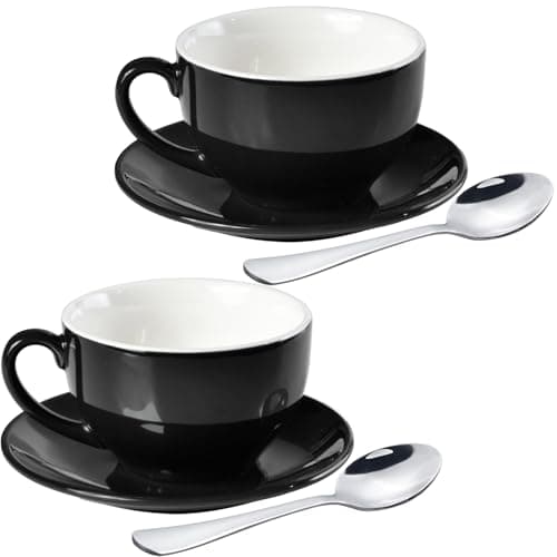 Image of ionEgg Porcelain Coffee Cup with Saucer 220ml/7.3oz for Cappuccino, Latte, and Tea, Black, Set of 2