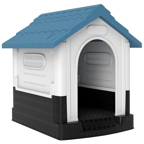 Image of PawHut Dog Kennel for Outside, Plastic Dog House, Water-Resistant Pet Shelter with Windows, for Garden Patio, Miniature Dogs, 64.5 x 57 x 66cm - Blue