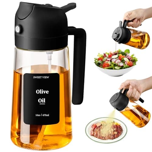 Image of SWEET VIEW Olive Oil Spray Bottle, 470ml 2 In 1 Glass Oil Dispenser/Pour & Sprayr Bottle, Kitchen Accessories, Kitchen Gadgets for Air Fryer, Salad, BBQ with Stickers (Black)