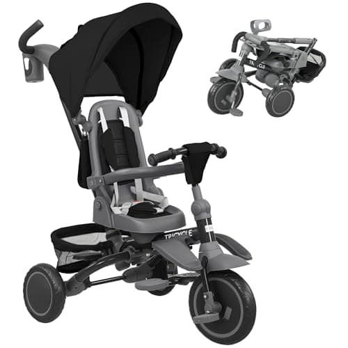 Image of AIYAPLAY Kids Trike, Toddler Tricycle 6 in 1 Foldable Baby Trike with Adjustable Parent Handle & Canopy, Convertible Seat, 5-Point Harness, Storage Basket & Bag for Ages 1-5 Years, Black