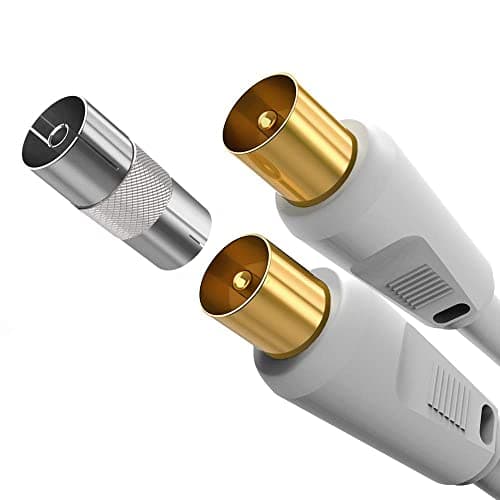 Image of Ancable 2M TV Aerial Coaxial Cable Male to Male, Satellite Cable RF TV Antenna Coax Lead to PAL Male Gold Plated Connectors White Flylead for Sky/SkyHD, Virgin, BT,TV, VCR or DVD players with Coupler