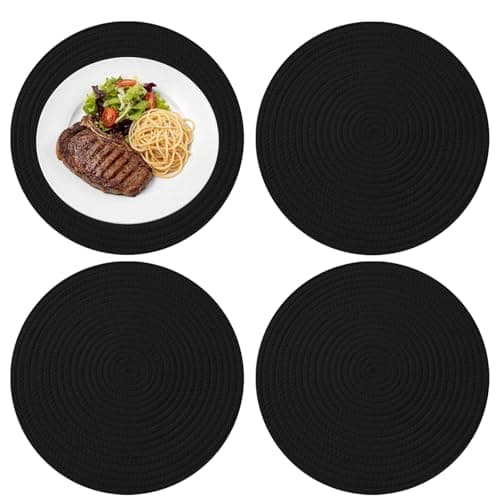 Image of JDF3EE Table Mats Set of 4, Round Cotton Braided Woven Placemats, Heat Resistant Plate Placemats and Coasters, Easy to Clean, Thick Protects the Table for Dining Outdoor Garden Table(34CM，Black）