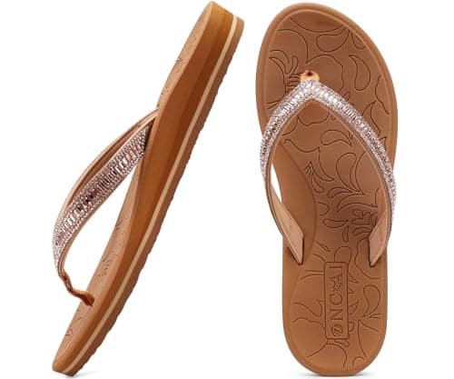 Image of ONCAI Women's Flip Flops with Rhinestone Yoga Mat Comfort Walking Casual Summer Beach Soft Toe Thong Sandals Woman Khaki Size 7 UK