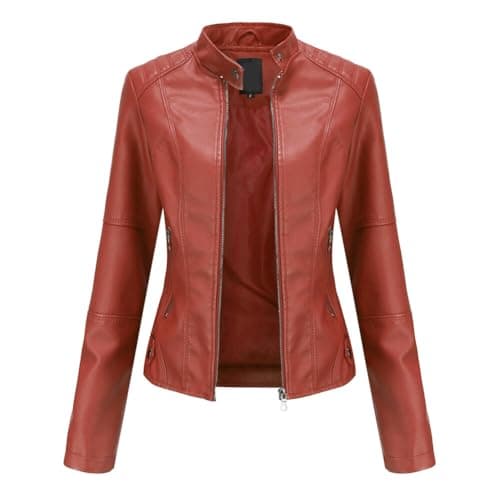 Image of YYNUDA Leather Jacket Women PU Biker Moto Jacket Zip Up Classic Short Bomber Jacket Standing Collar Motorcycle Coat Red L