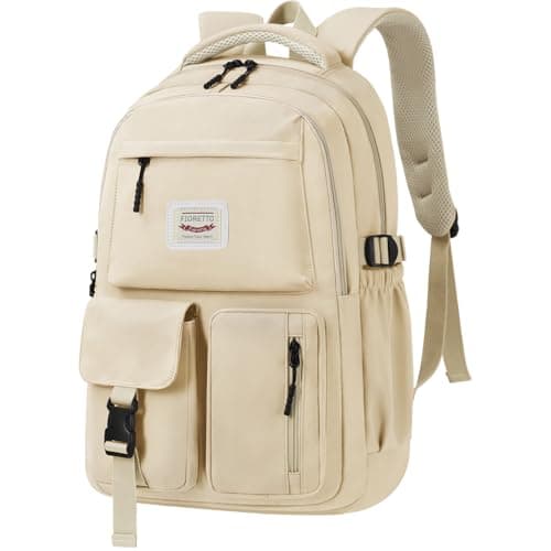 Image of FIORETTO Lightweight School Backpack Womens, Cute School Bag for Teenager Girls, 15.6 Laptop Rucksack Backpack for School Casual Daypacks Travel Backpack for College Work Beige 25L